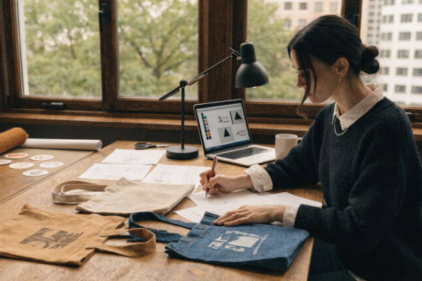 a designer reviewing custom tote bag samples