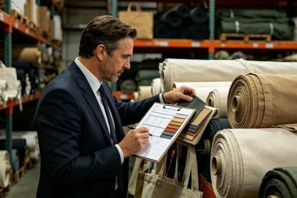 business buyer selecting tote bag fabric