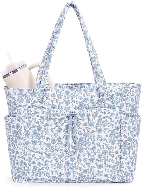 blue flower puffer tote bag