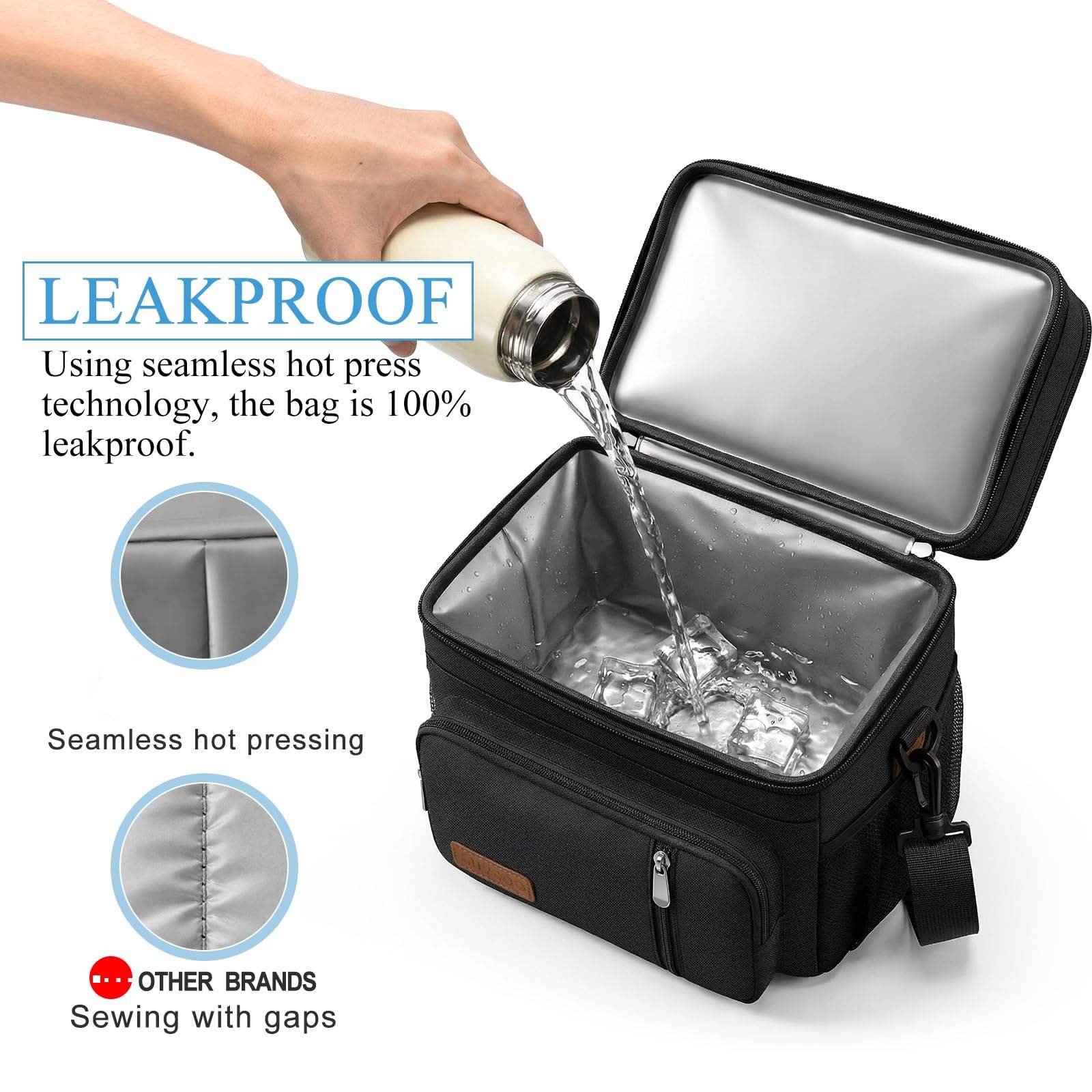 Premium leakproof cooler bag filled with ice and beverages, waterproof and durable design