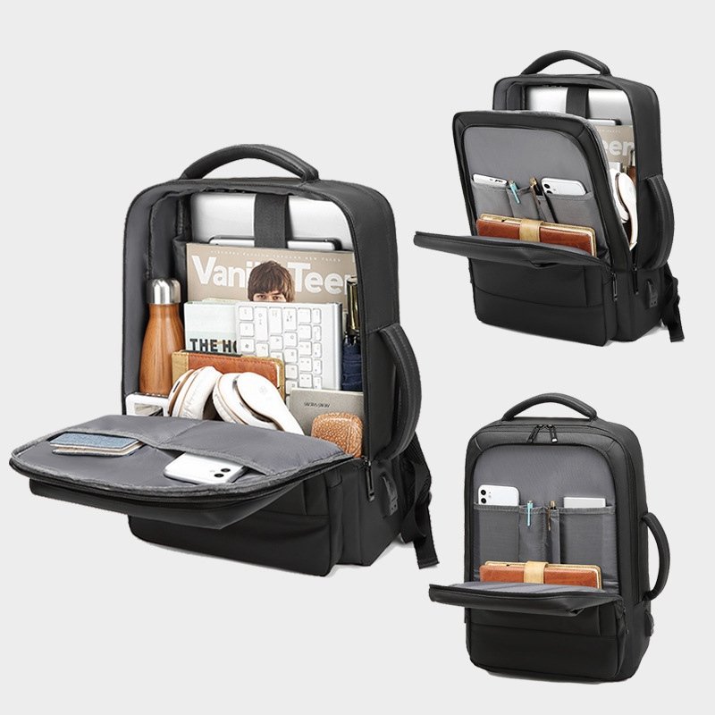 nylon mens office backpack separate laptop storage USB charging breathable shoulder straps factory supply