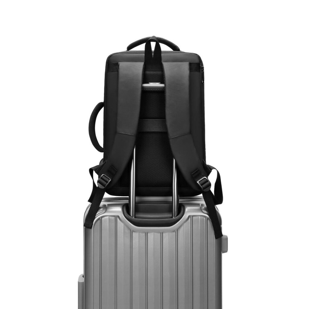 shock padded mens office backpack dedicated laptop sleeve USB port breathable shoulder straps low MOQ