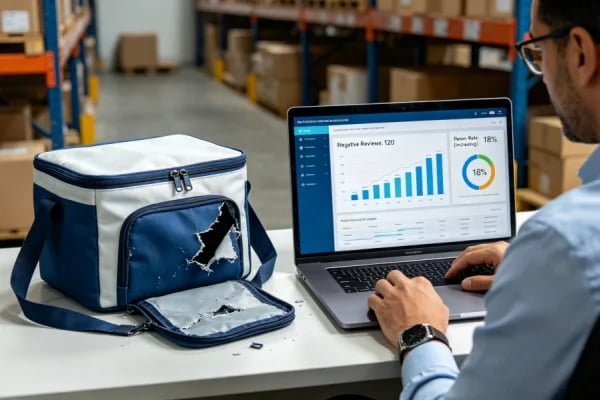 Amazon seller analyzing cooler bag return rates and customer complaints