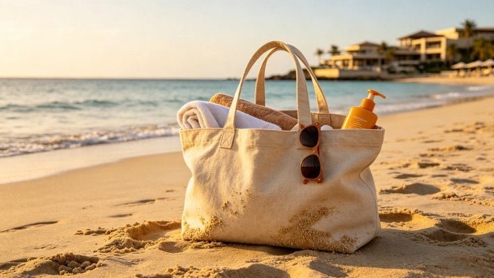 Beach canvas tote bag used for summer vacation and resort travel