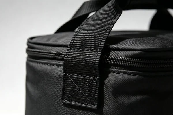 Industrial load-bearing test showing cooler bag handle with 20kg weight plates and Box-X reinforcement stitching
