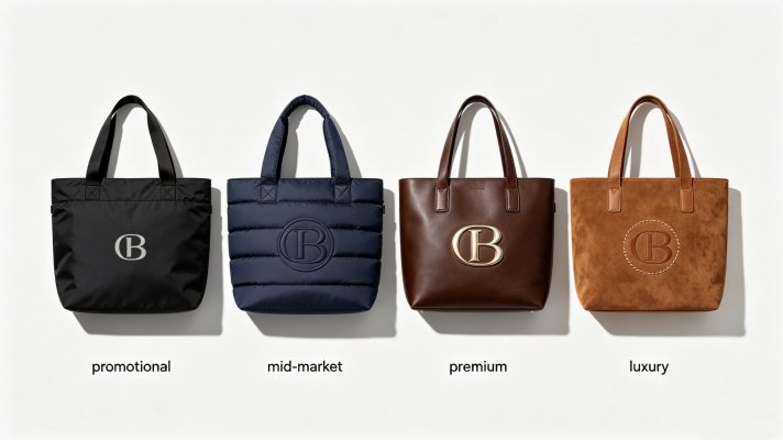 Different market positioning levels for puffer tote bags from budget to luxury