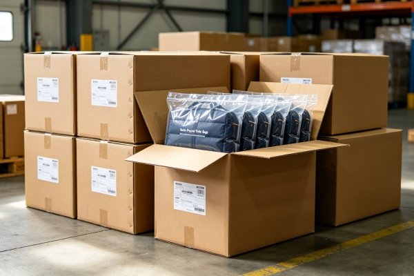 Vacuum-compressed bulk puffer tote bags packed in export cartons for global logistics shipping