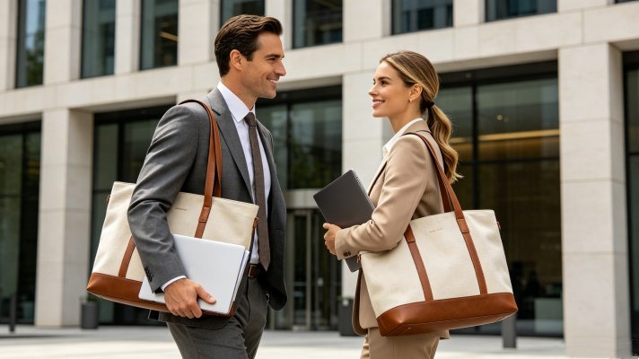Professional office workers using premium business canvas tote bags