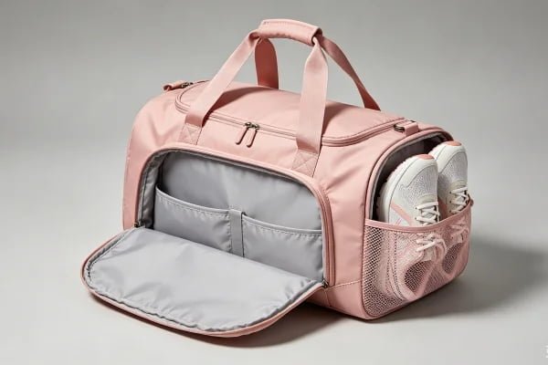 Interior features of wholesale custom duffel bags showing a dedicated shoe compartment and wet-dry separation pockets.