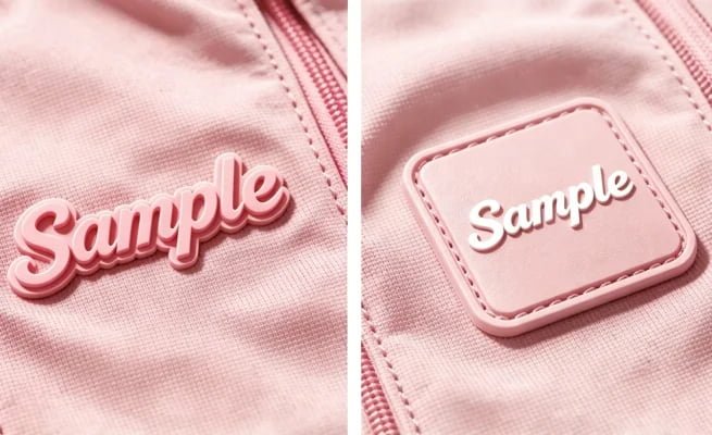 Branding options by a custom gym bag manufacturer showcasing a 3D embossed silicone logo versus traditional screen printing
