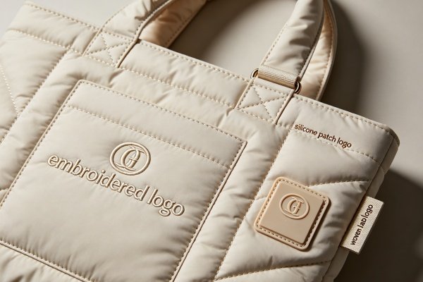 Embroidery silicone patch and woven label branding options for puffer tote bags