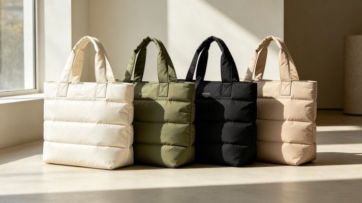 Different premium custom puffer tote bags made with nylon, polyester and RPET materials for wholesale buyers