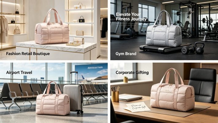 Puffer tote bags used by fashion brands, travel brands, gym brands and corporate gift programs