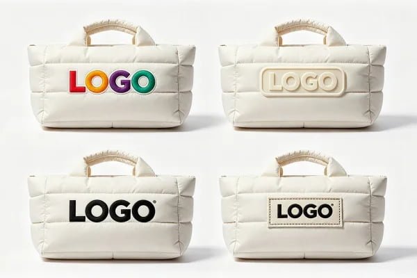Comparison of embroidery screen printing and silicone patch logo methods on custom puffer tote bags