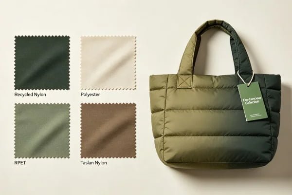 Comparison of recycled nylon polyester and RPET fabrics used in custom puffer tote bags