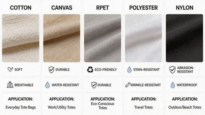 Comparison of cotton canvas RPET polyester and nylon materials used for custom tote bags