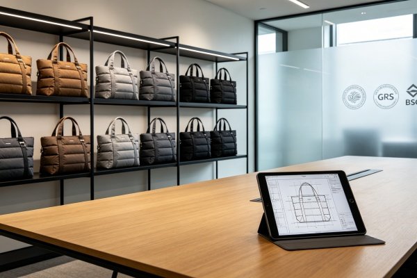 A professional B2B bag manufacturing showroom displaying custom premium puffer tote bags for global brands