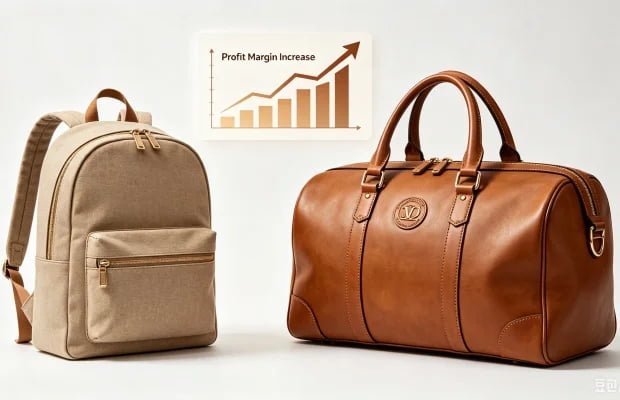Comparison between generic bags and premium custom private label bags showing higher profit margin potential for Italian importers