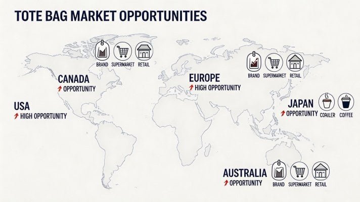 Global custom tote bag market opportunities across USA Europe Australia Canada and Japan