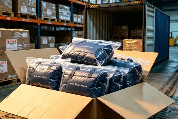 Bulk puffer tote bags in vacuum-compressed sealed packaging inside export shipping cartons for maritime logistics