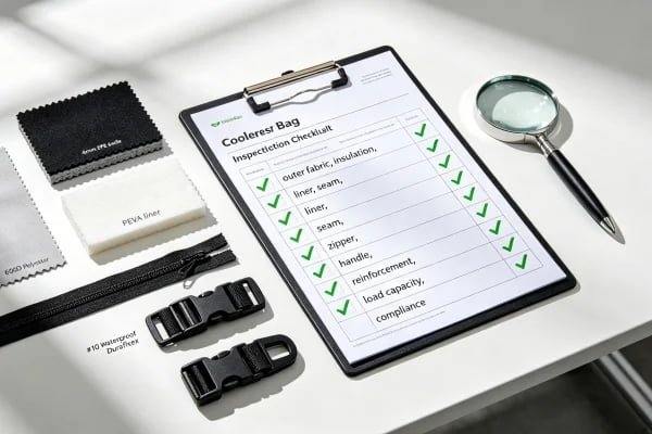 Quality inspector's checklist with 9 verified cooler bag requirements