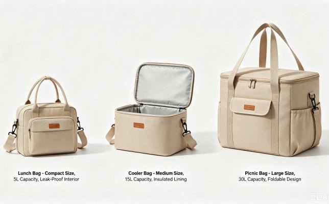 Side-by-side comparison of lunch bag, cooler bag, and picnic bag features and capacities