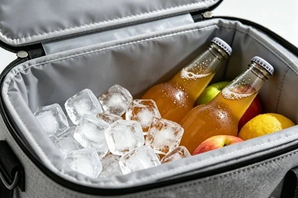 Interior view of an insulated cooler bag showing FDA compliant leakproof heat-welded PEVA liner with ice