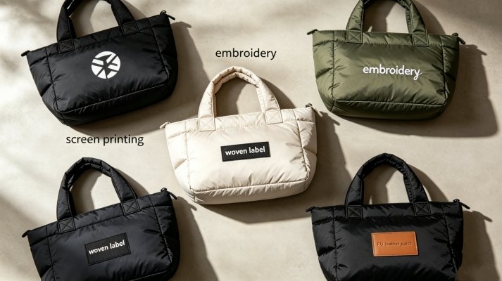 Different logo methods applied on puffer tote bags in one comparison layout