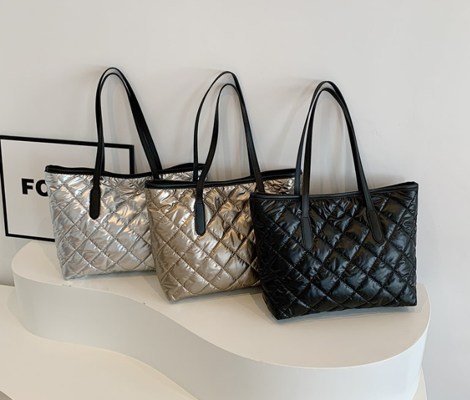 Metallic Puffer Tote Bag in Silver and Champagne Colors