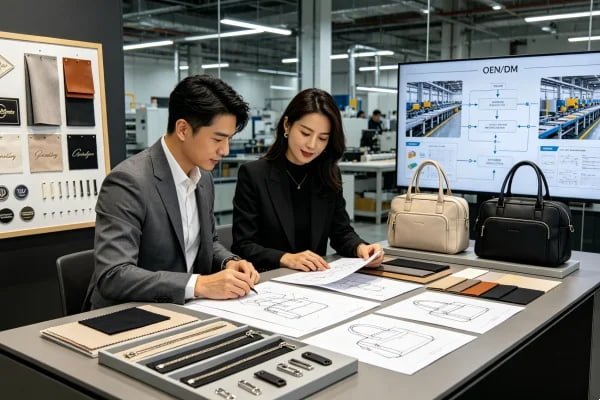 OEM and ODM custom bag development process including design, material selection, logo customization and product sampling