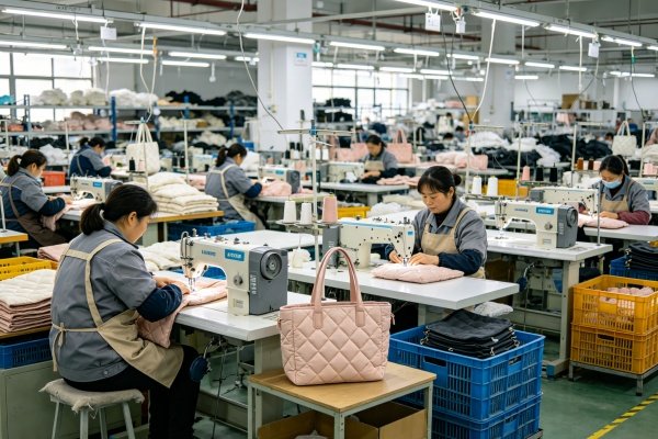 OEM puffer tote bag manufacturer production workshop