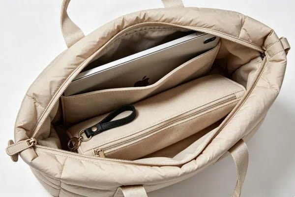 Organized interior compartments inside a premium custom puffer tote bag