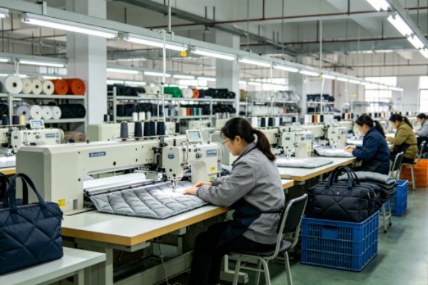 Modern bag manufacturing factory workshop with heavy-duty automated quilting and sewing machines for bulk orders