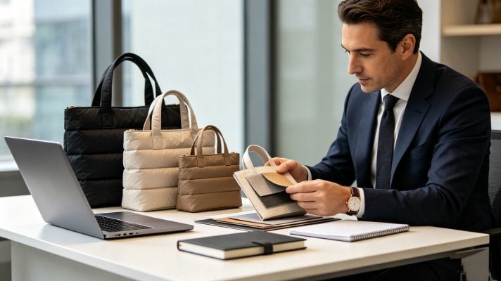 Business buyer comparing different puffer tote bag sizes on office desk during sourcing decision process