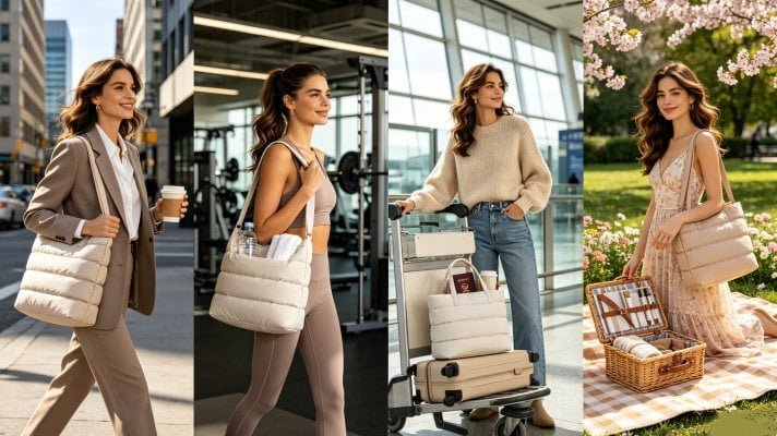Popular daily use scenarios for puffer tote bags including commuting, gym, travel and weekend activities