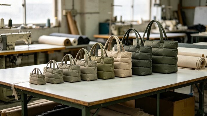 Factory layout showing puffer tote bags arranged by size from mini to XL in manufacturing environment