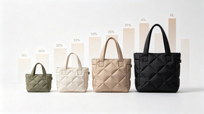 Puffer tote bag size demand distribution visualized with different sized bags from mini to XL