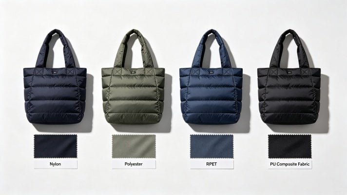 Comparison of nylon polyester RPET and PU fabrics used in custom puffer tote bag manufacturing