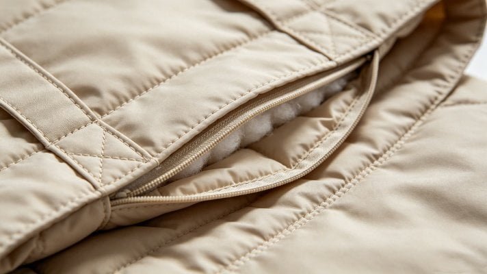 Close-up macro view of puffer tote bag material showing quilting, stitching and inner padding structure