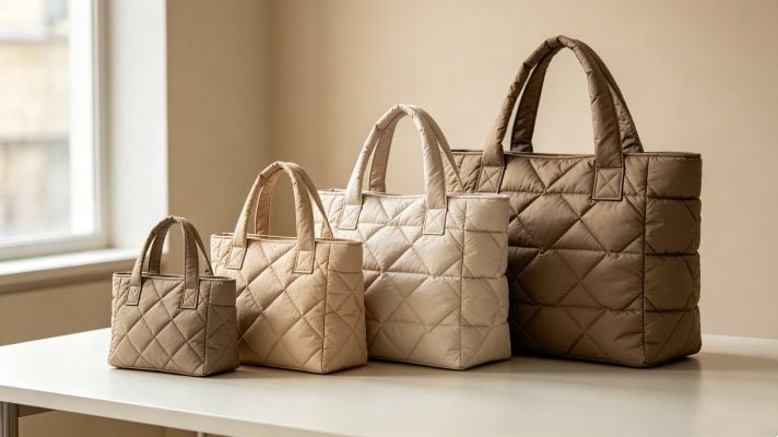 Four different sizes of puffer tote bags including mini, medium, large and XL shown in realistic product photography