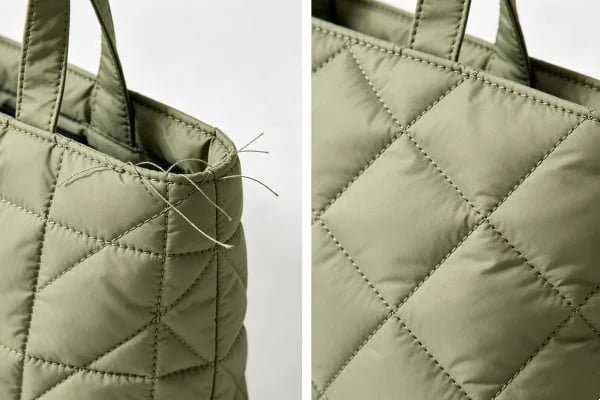 Comparison of low-quality and premium stitch density on a custom puffer tote bag