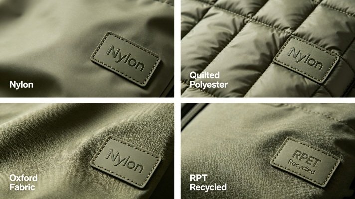 Close-up textures of nylon, polyester and quilted puffer tote bag fabrics