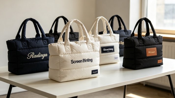 Puffer tote bags with different logo methods including embroidery, printing and silicone patch comparison