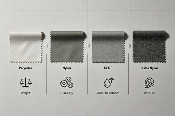 Puffer Tote Bag Material Comparison Guide Polyester Nylon RPET Taslan