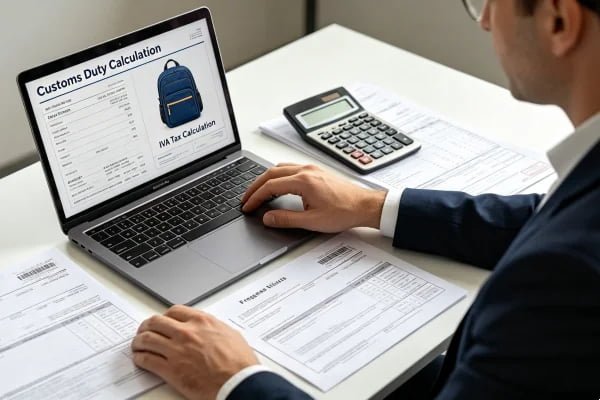 Spain bag import cost calculation including customs duty and IVA tax