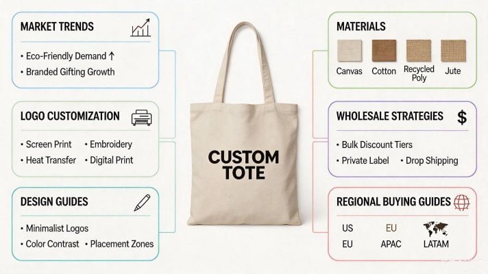 Complete tote bag knowledge ecosystem for B2B buyers including trends materials customization and wholesale guides
