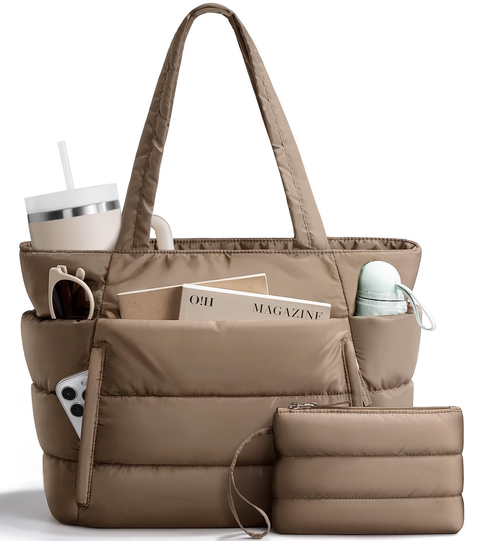 Utility Pocket Puffer Tote Bag with Multiple Compartments