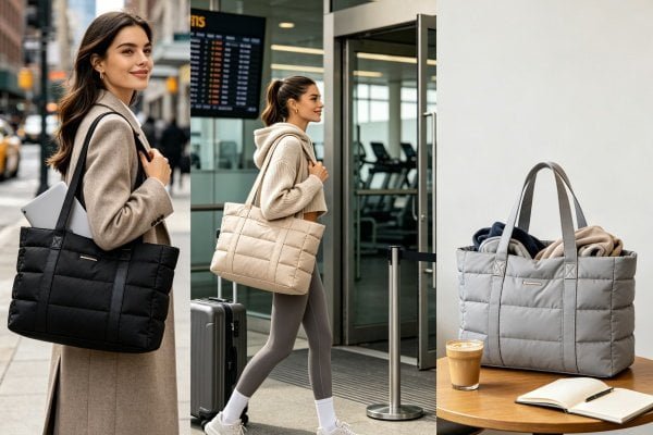 Puffer tote bags used in travel, commuting, gym, and daily lifestyle scenarios