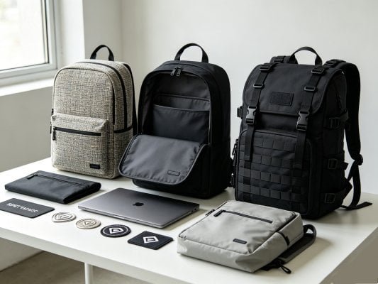 Collection of trending 2026 backpack styles including sustainable RPET bags, travel carry-ons, premium business laptop backpacks and tactical hiking packs studio display