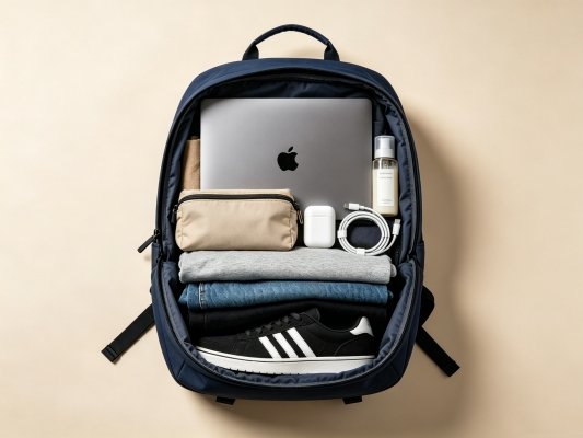 30L backpack packed for weekend travel with clothing, laptop and travel accessories flat lay
